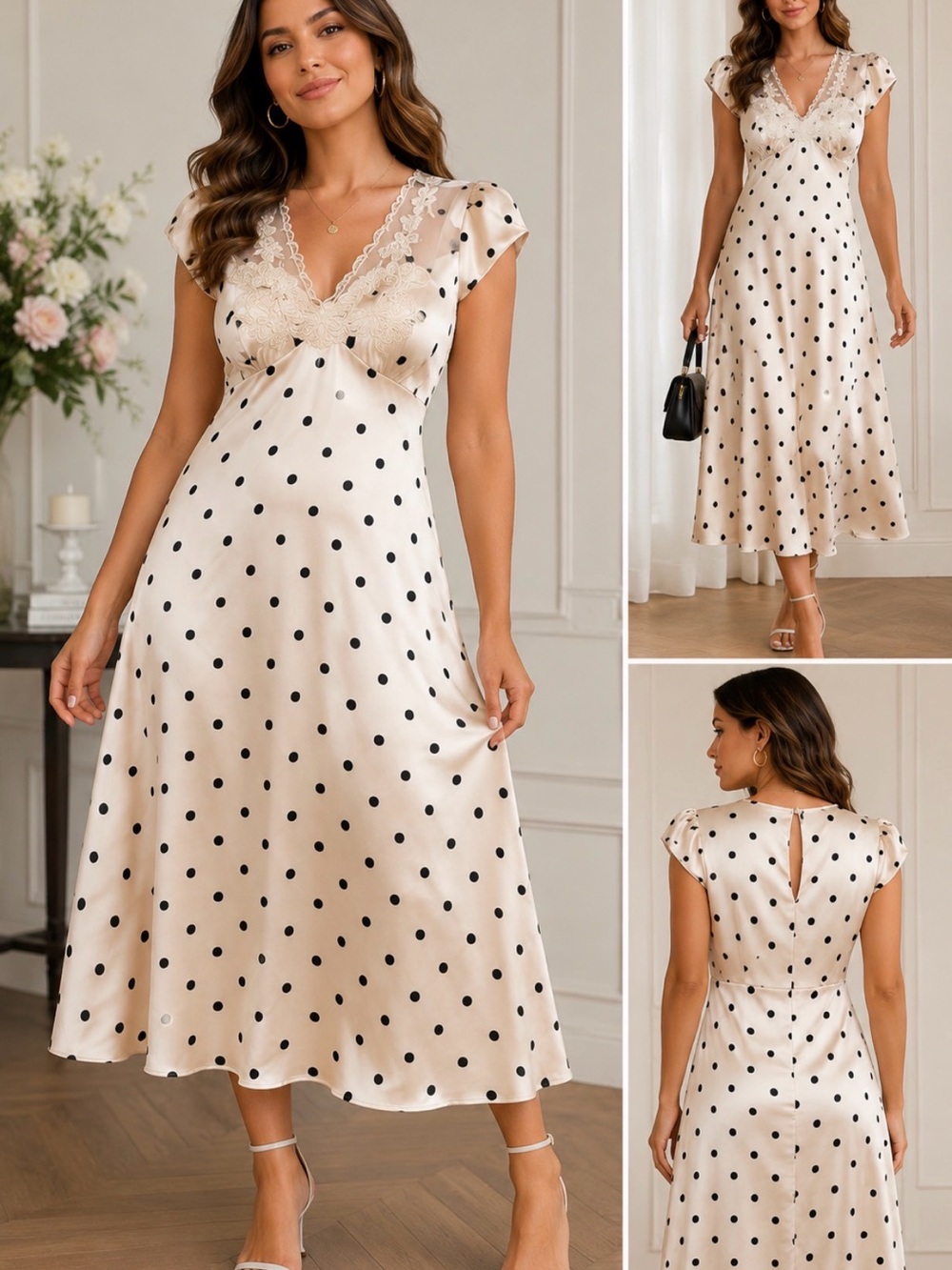 Camila Coelho Ivory Black Polka Dot Lace Satin Midi Dress M